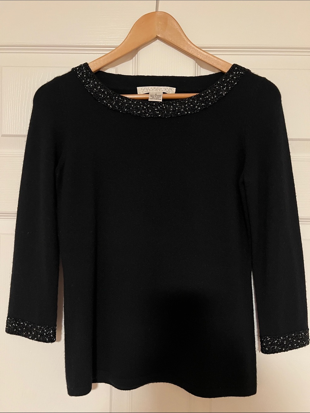 Bloomingdale's Festive Black Cashmere Top with Beaded Trim